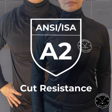 Two people wearing black high-visibility clothing with ANSI/ISA A2 cut resistance label.