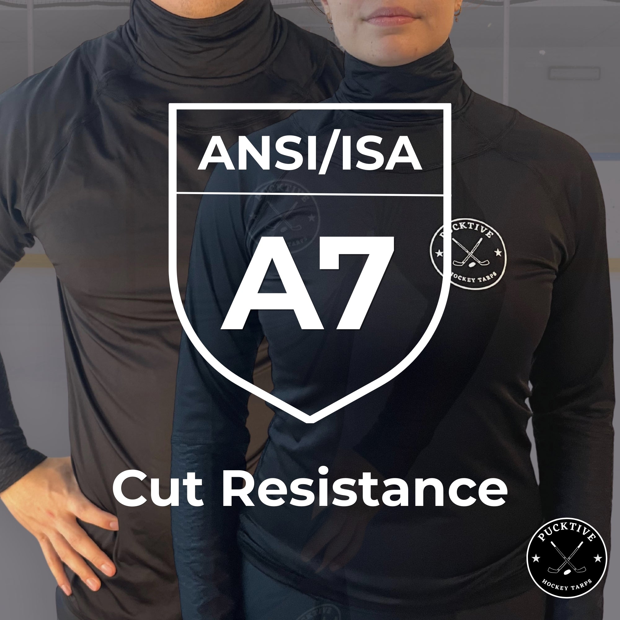 Two people wearing black shirts with ANSI/ISA A7 cut resistance label.