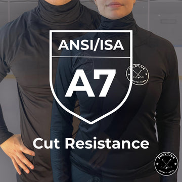 Two people wearing black shirts with ANSI/ISA A7 cut resistance label.