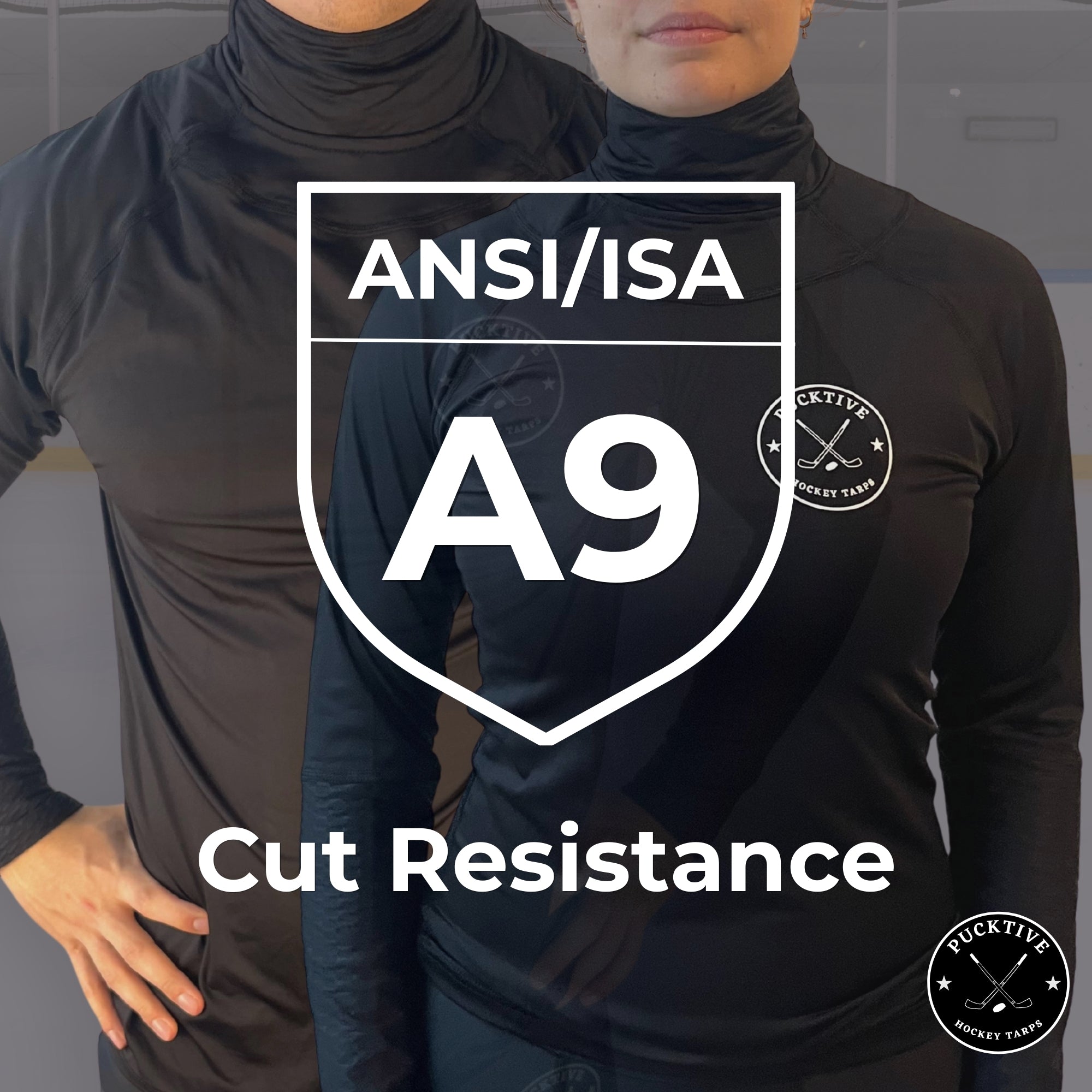 Two people wearing black shirts with ANSI/ISA A9 cut resistance label.
