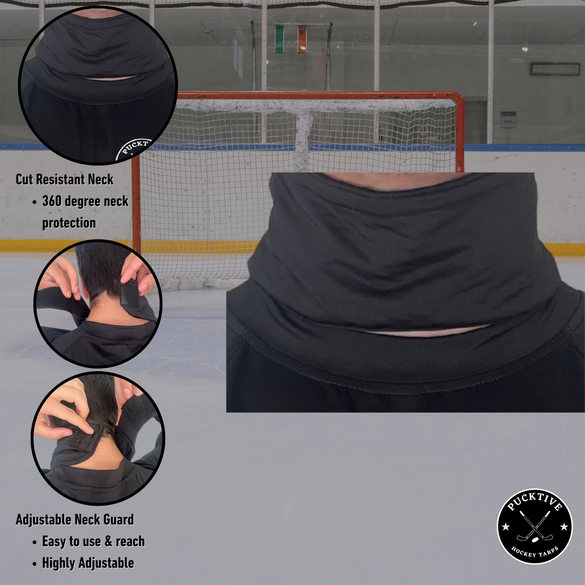 Pucktive hockey neck guard cut-protection diagram highlighting cut resistant coverage and available fastener options.