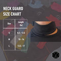 Pucktive neck guard sizing diagram showing how to measure neck circumference for correct fit selection.