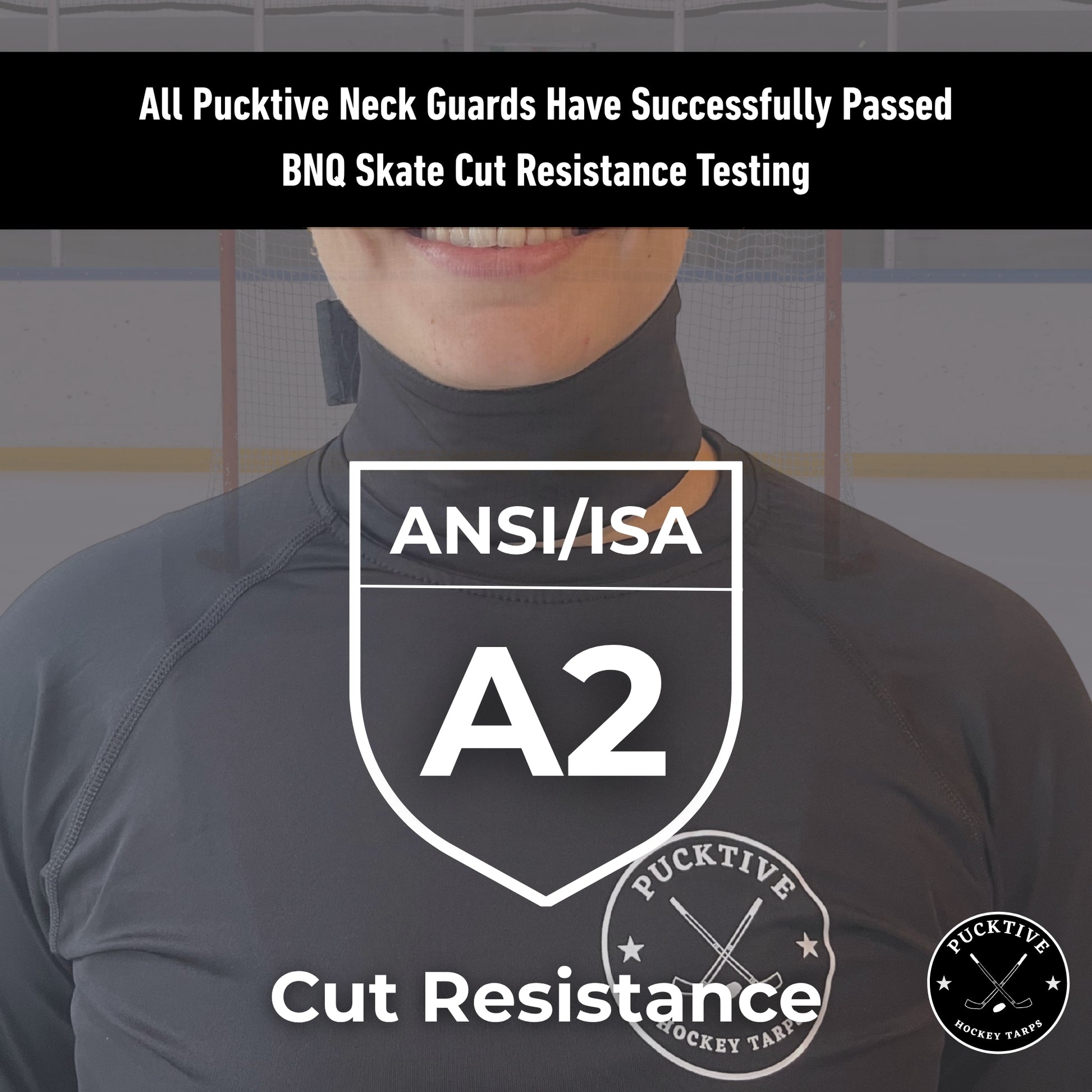 BNQ-tested and ANSI A2 rated certification page for Pucktive cut-resistant hockey neck guards.
