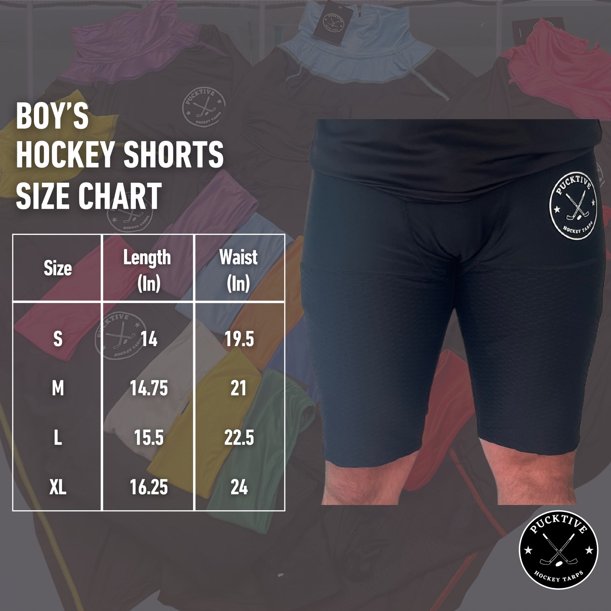 Size chart for Boy’s Base A2 cut-resistant hockey shorts including waist and length measurements.