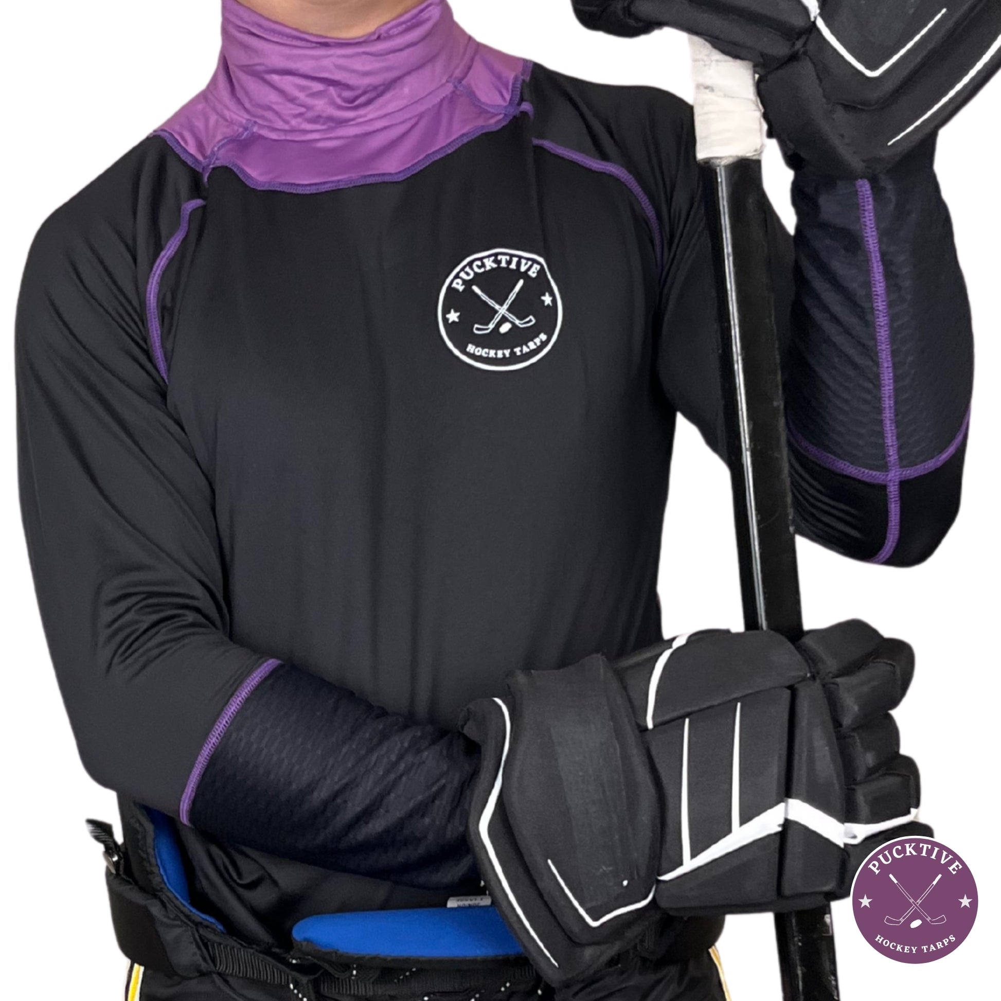 Boy's Base A2 full hockey tarp in purple neck guard design showing BNQ-tested neck and wrist cut protection.