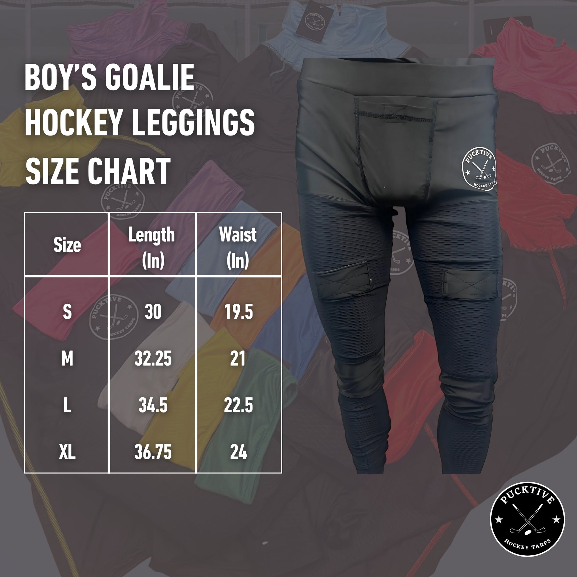 Boy’s Base A2 cut-resistant goalie jock leggings size chart showing measurements for waist, hips, and inseam.