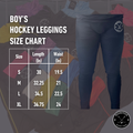 Boy’s Base A2 hockey leggings size chart with waist, hip, and length measurements.
