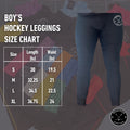 Boy’s dry fit hockey jock leggings size chart showing waist, hip, and length measurements.