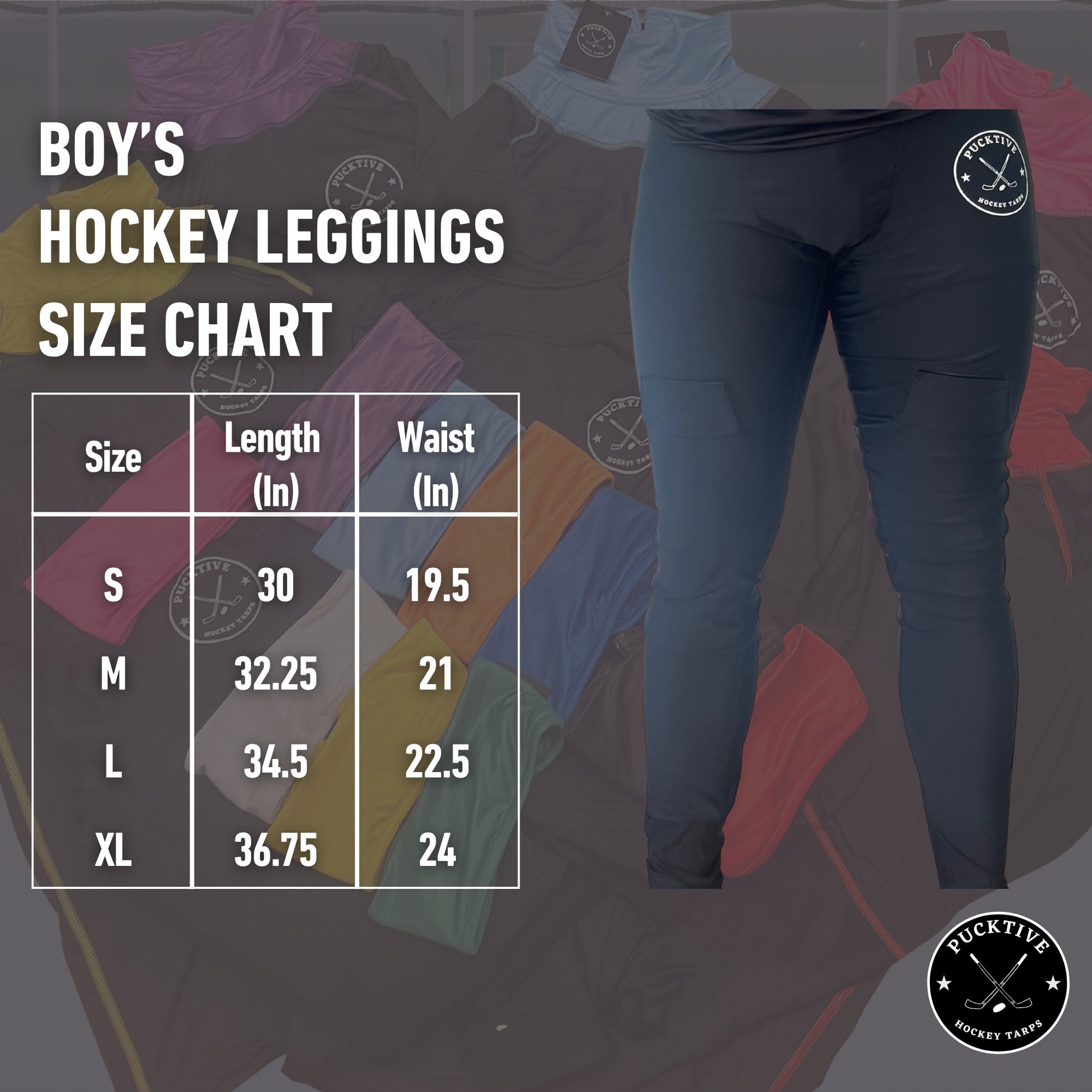 Boy’s dry fit hockey jock leggings size chart showing waist, hip, and length measurements.