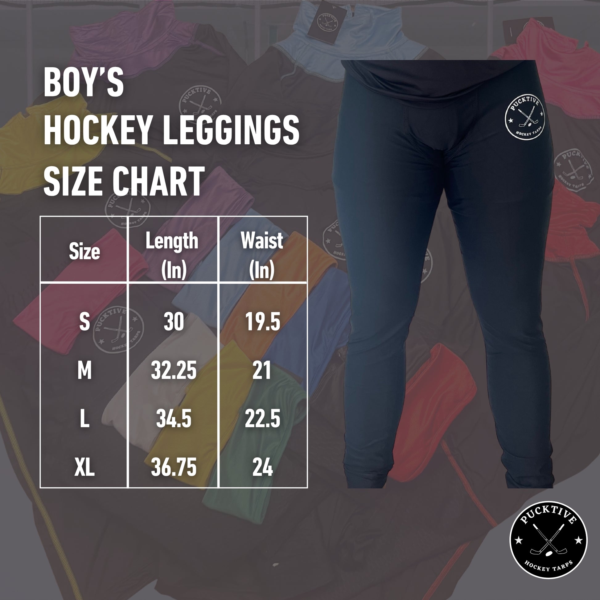 Boy’s dry fit hockey leggings size chart showing waist, hip, and length measurements.