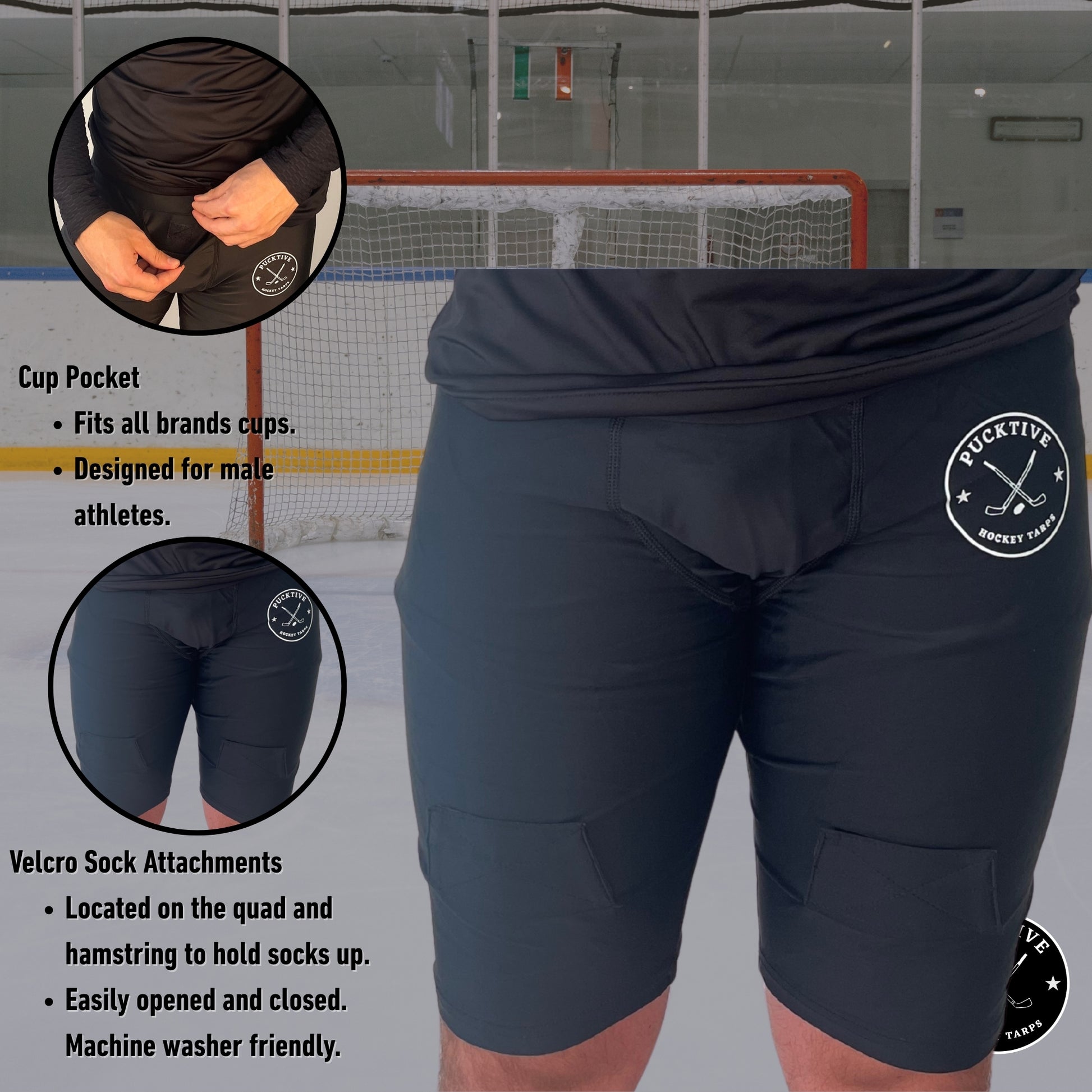 Specification graphic for Boy’s Dry-Fit Hockey Jock Shorts showing moisture-wicking performance details and athletic fit features.