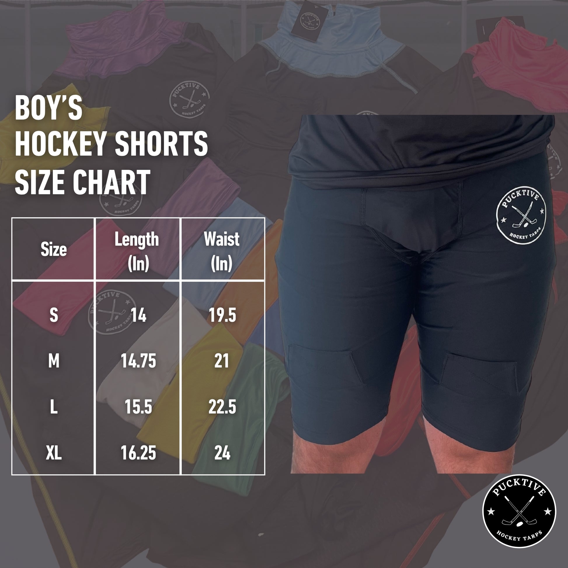 Size chart for Boy’s Dry-Fit Hockey Jock Shorts with waist measurements and fit guidelines.