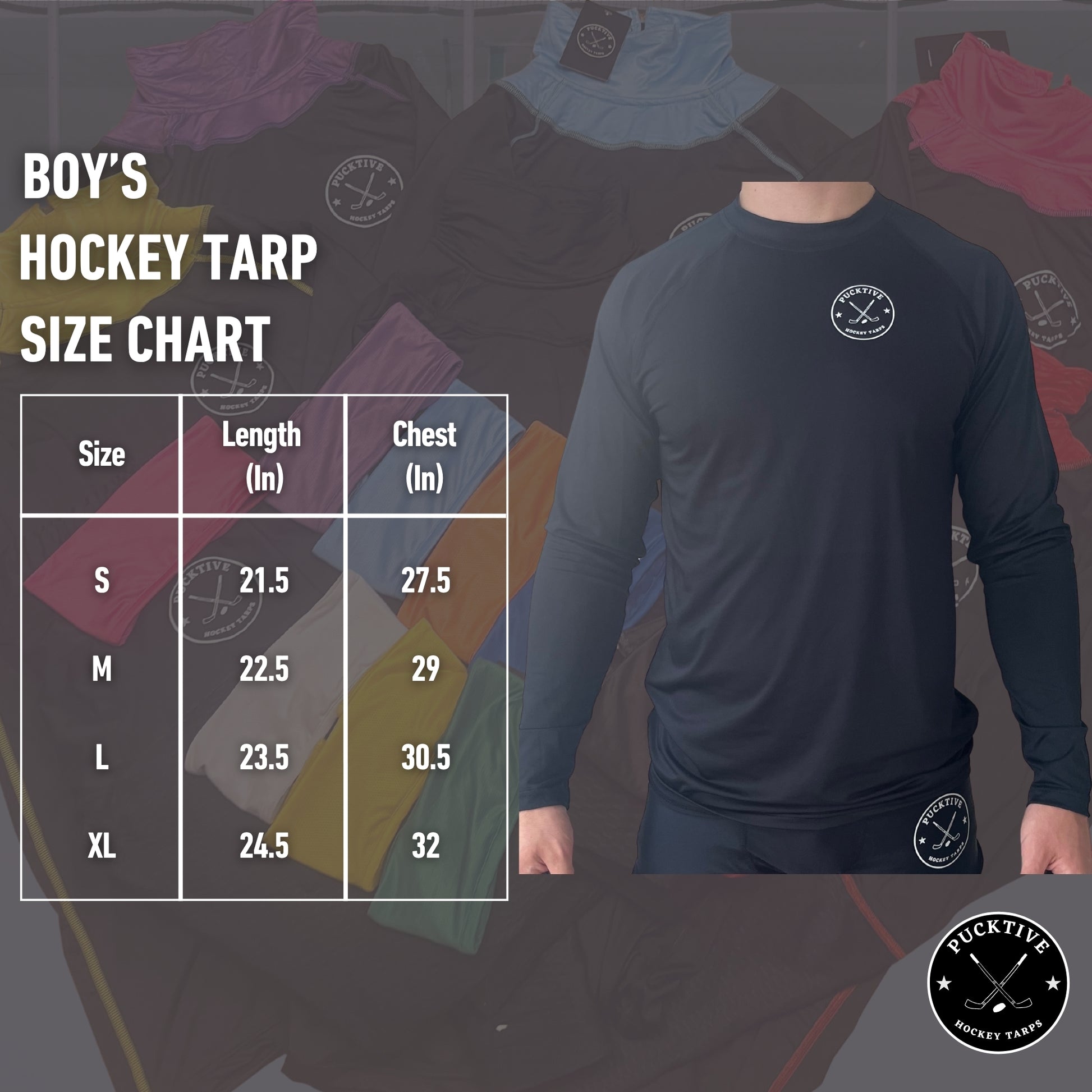 Size chart for Boy's Dry Fit long sleeve hockey shirt with measurements for youth fit.