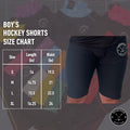 Size chart for Boy’s Dry-Fit Hockey Shorts with waist measurements and fit guidelines.