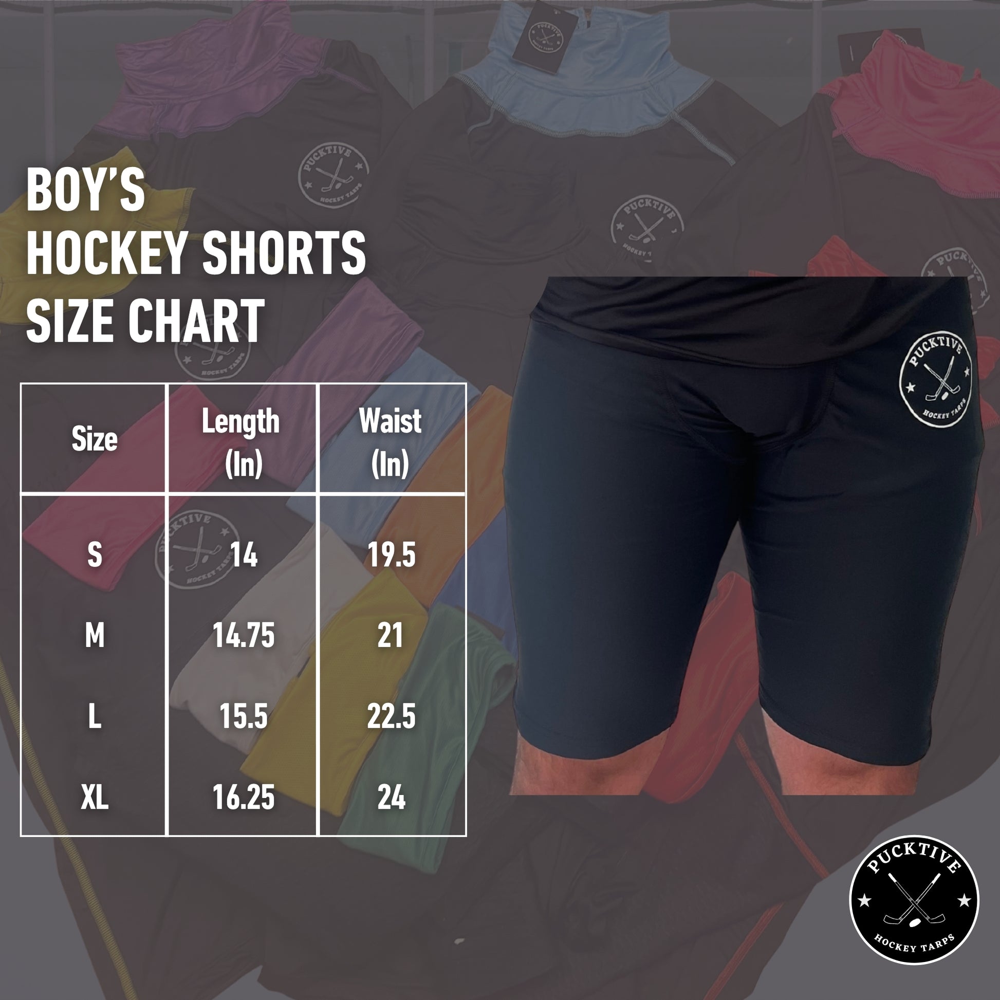 Size chart for Boy’s Dry-Fit Hockey Shorts with waist measurements and fit guidelines.