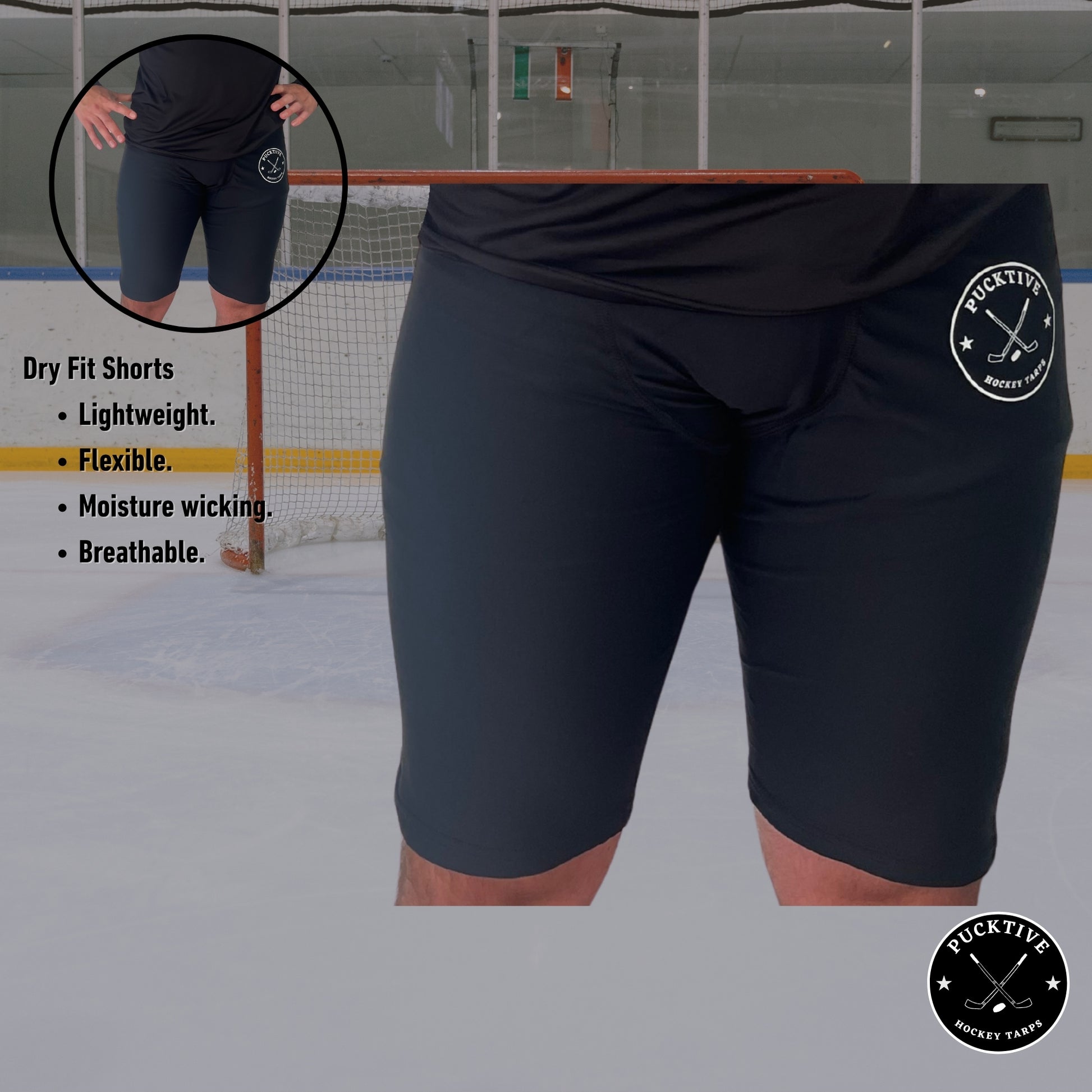 Boy’s Dry-Fit Hockey Shorts information graphic detailing lightweight design, moisture-wicking fabric.