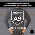 Cut protection diagram explaining ANSI A9 and BNQ-tested cut resistance in Pucktive Elite hockey tarps.