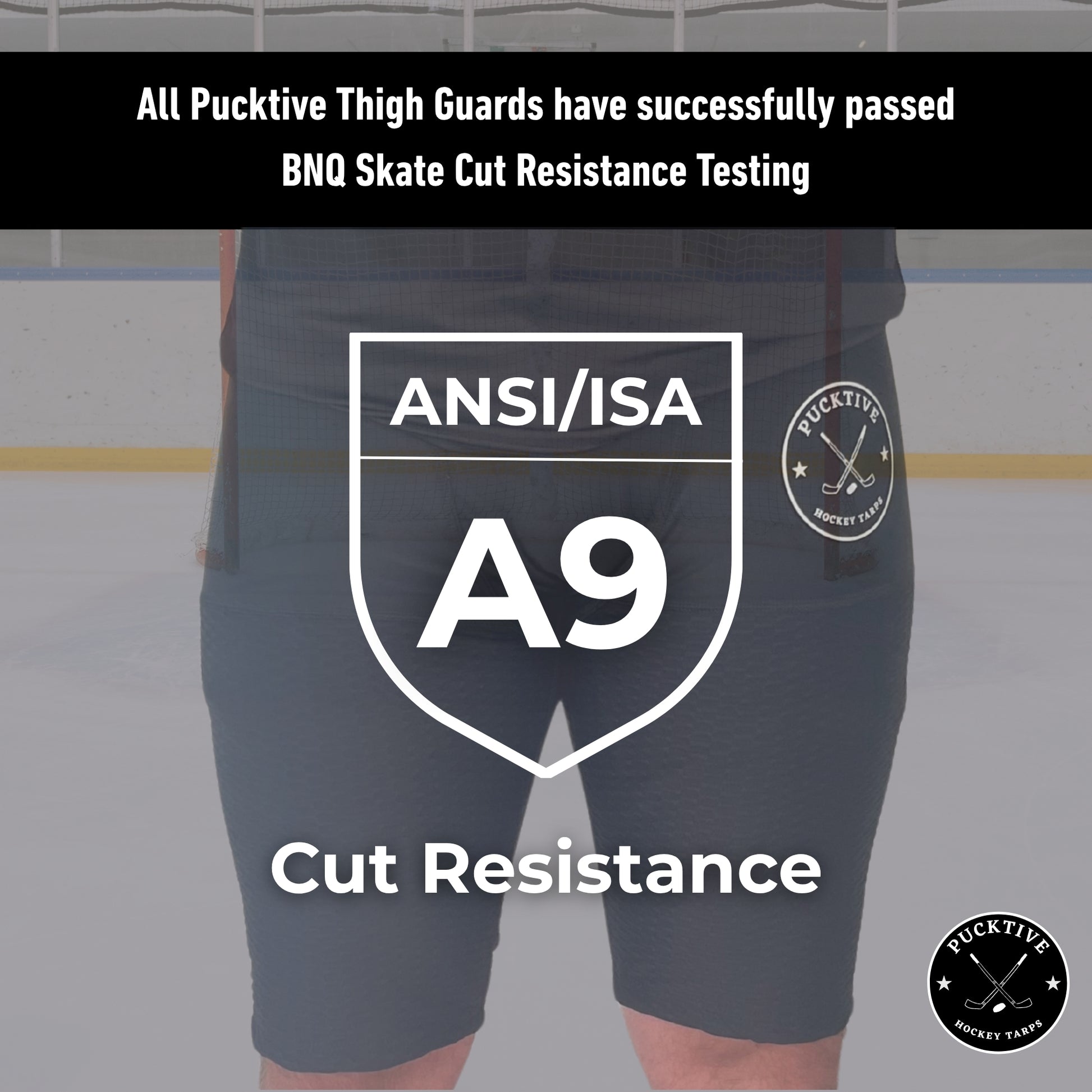 Product specifications page for Boy’s Elite A9 cut-resistant hockey shorts detailing materials and protection features.