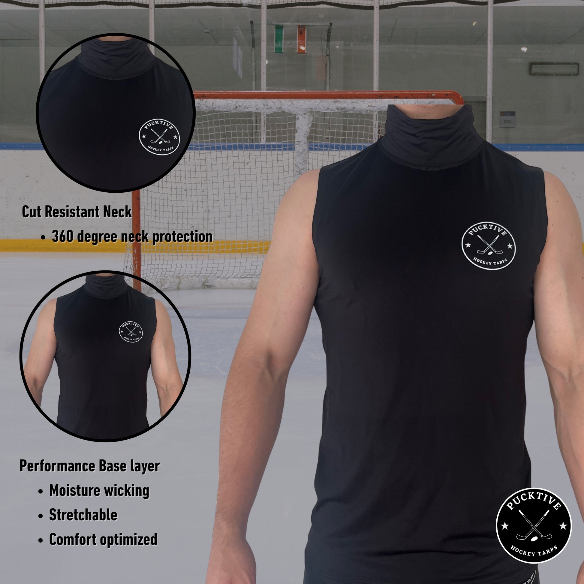 Boy’s Elite A9 cut-resistant hockey tank top informational page displaying key features and protection zones.