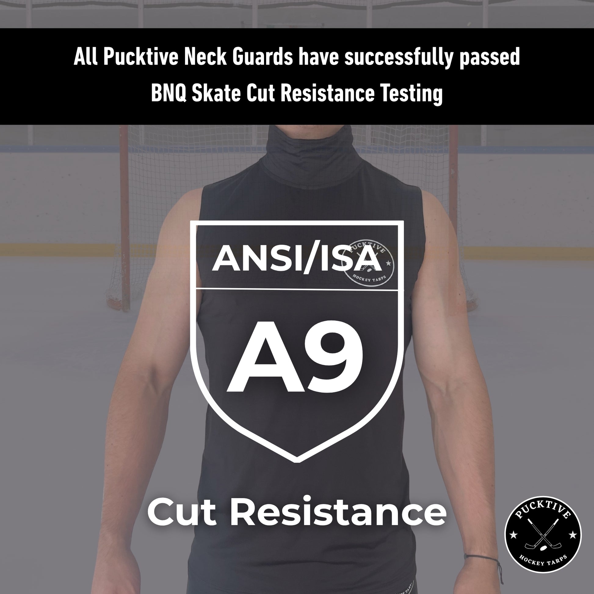 Testing and certification page for Boy’s Elite A9 cut-resistant hockey tank top, showing BNQ and ANSI cut-resistance results.