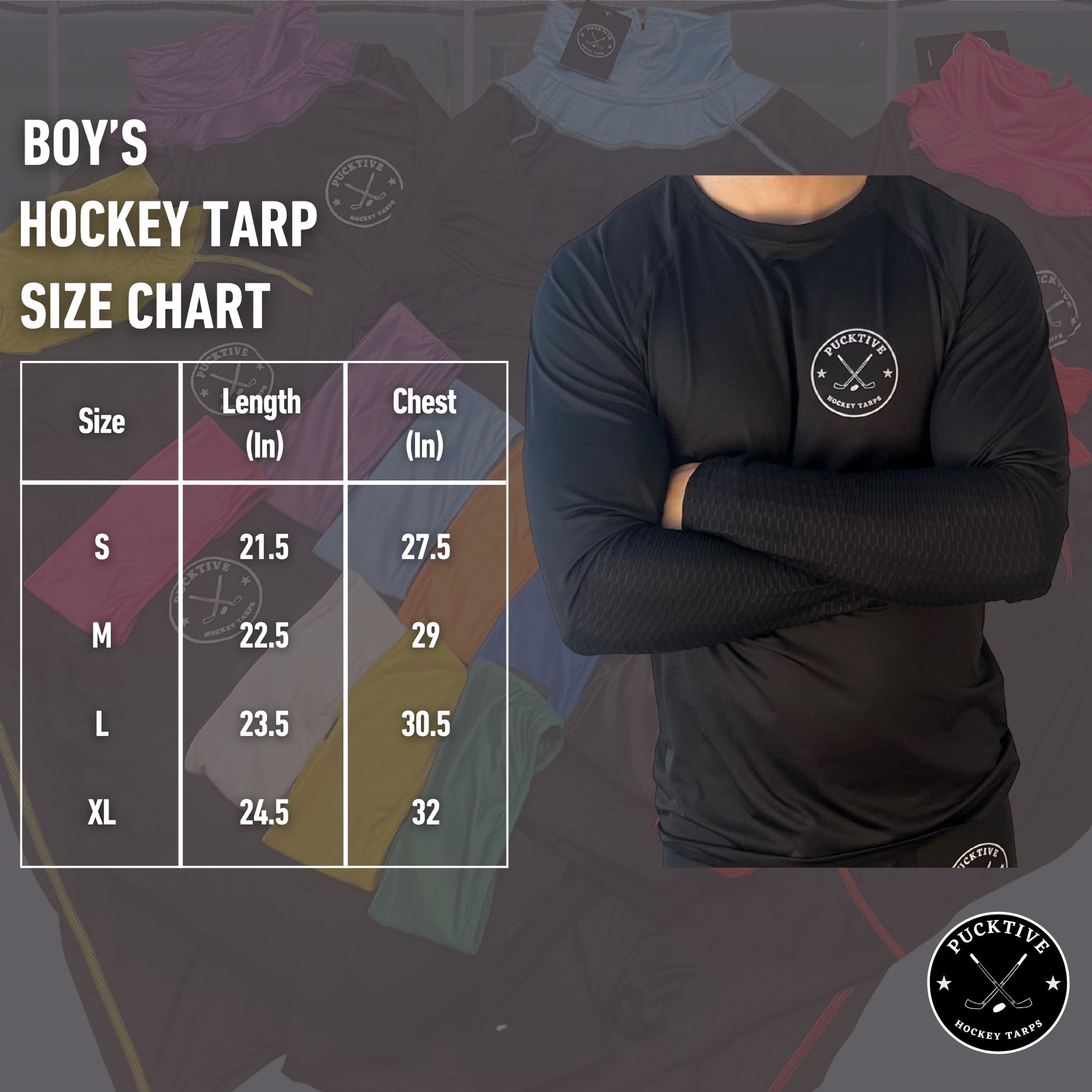 Boy’s Elite A9 cut-resistant wrist hockey shirt size chart showing measurements for accurate fit.
