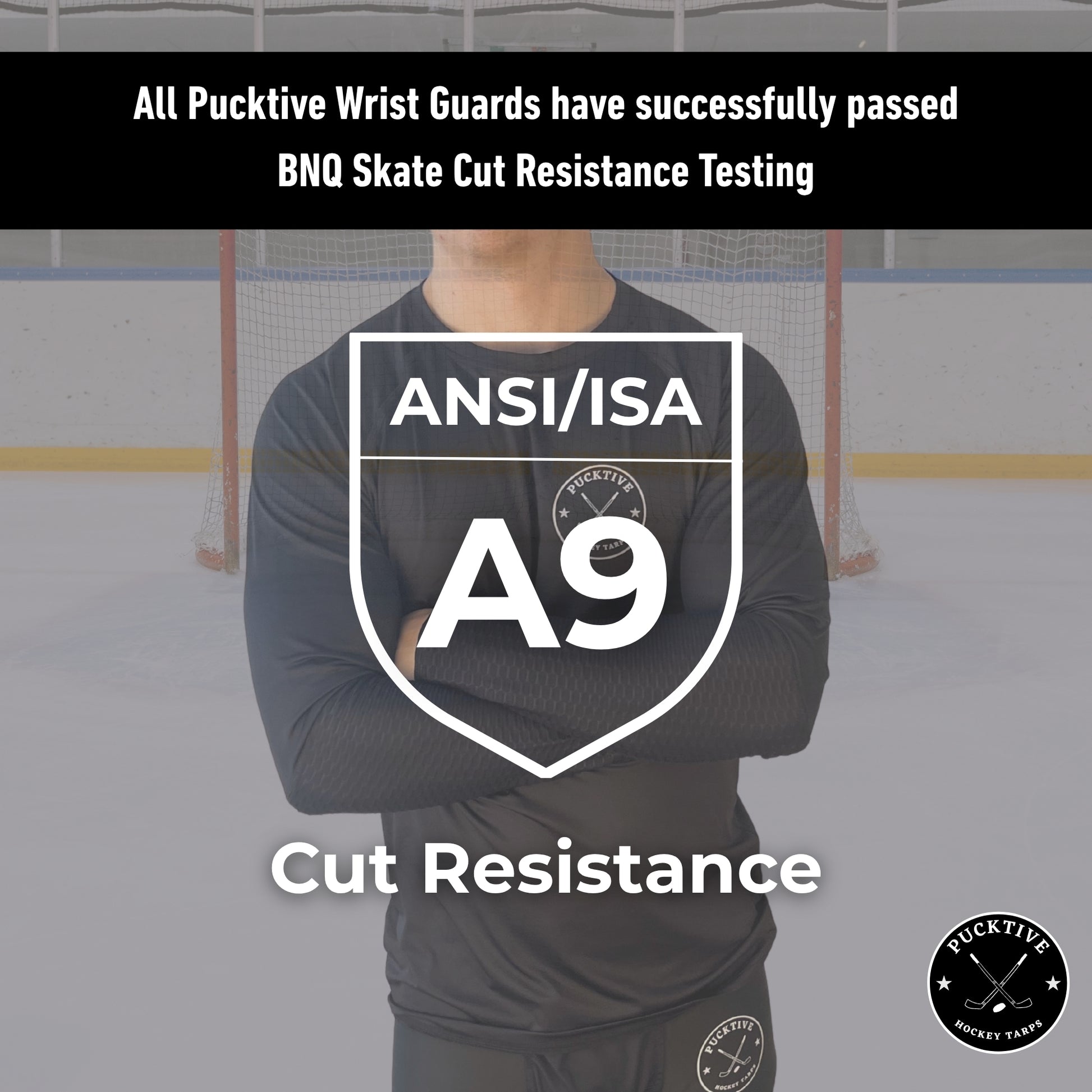 Testing overview of the Boy’s Elite A9 cut-resistant wrist hockey shirt demonstrating BNQ and ANSI performance.