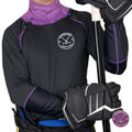 Boy’s Elite A9 full hockey tarp in purple neck guard design showing BNQ-tested neck and wrist cut protection.
