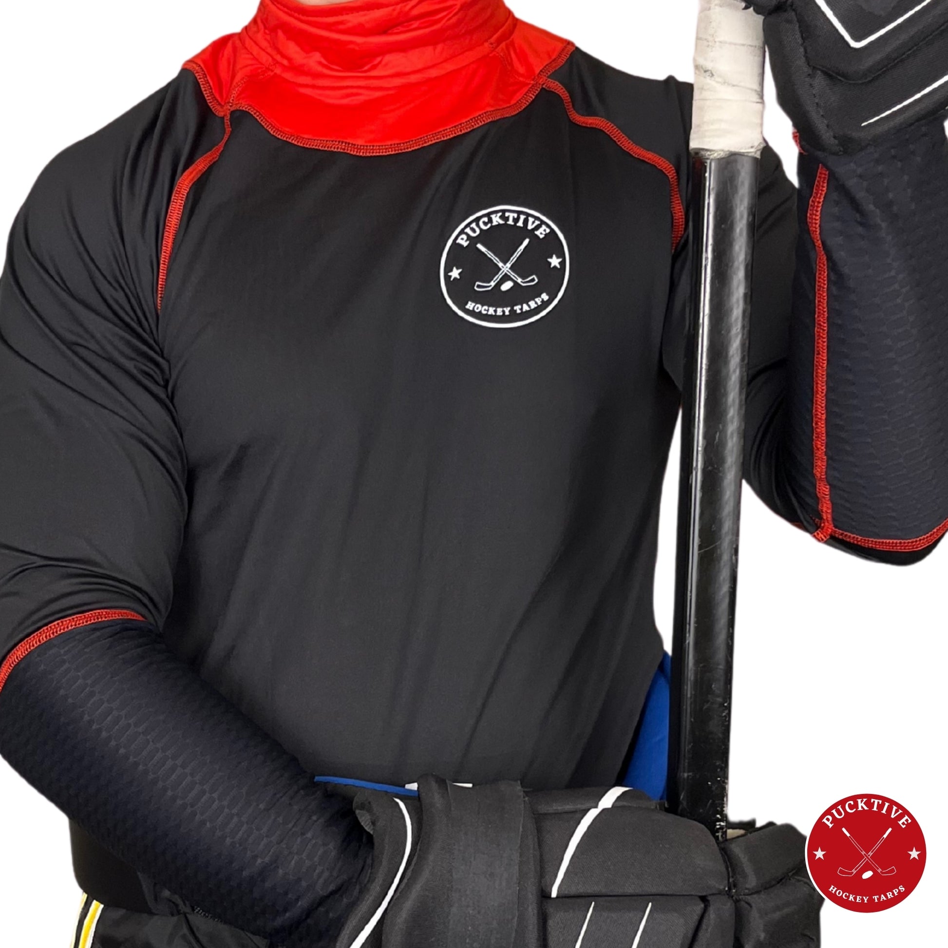 Boys Elite A9 full hockey tarp in red neck guard design showing BNQ-tested neck and wrist cut protection.