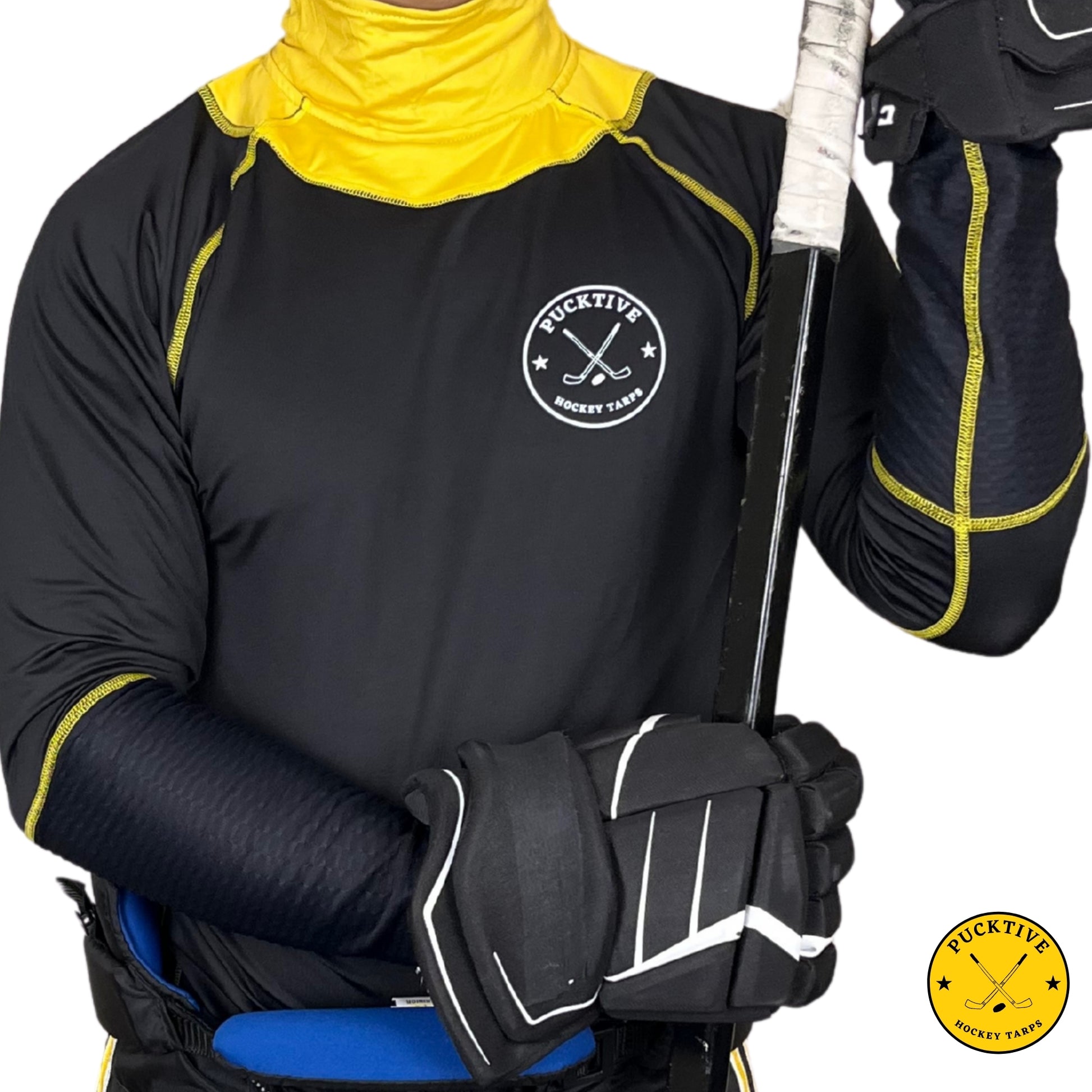 Boy’s Elite A9 full hockey tarp in yellow neck guard design showing BNQ-tested neck and wrist cut protection.