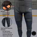 Feature overview of Boy’s Elite A9 goalie jock leggings including cut-resistant fabric, moisture-wicking material, four-way stretch, and built-in cup pocket with Velcro sock tabs.