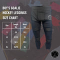 Boy’s Elite A9 cut-resistant goalie jock leggings size chart showing measurements for waist, hips, and inseam.