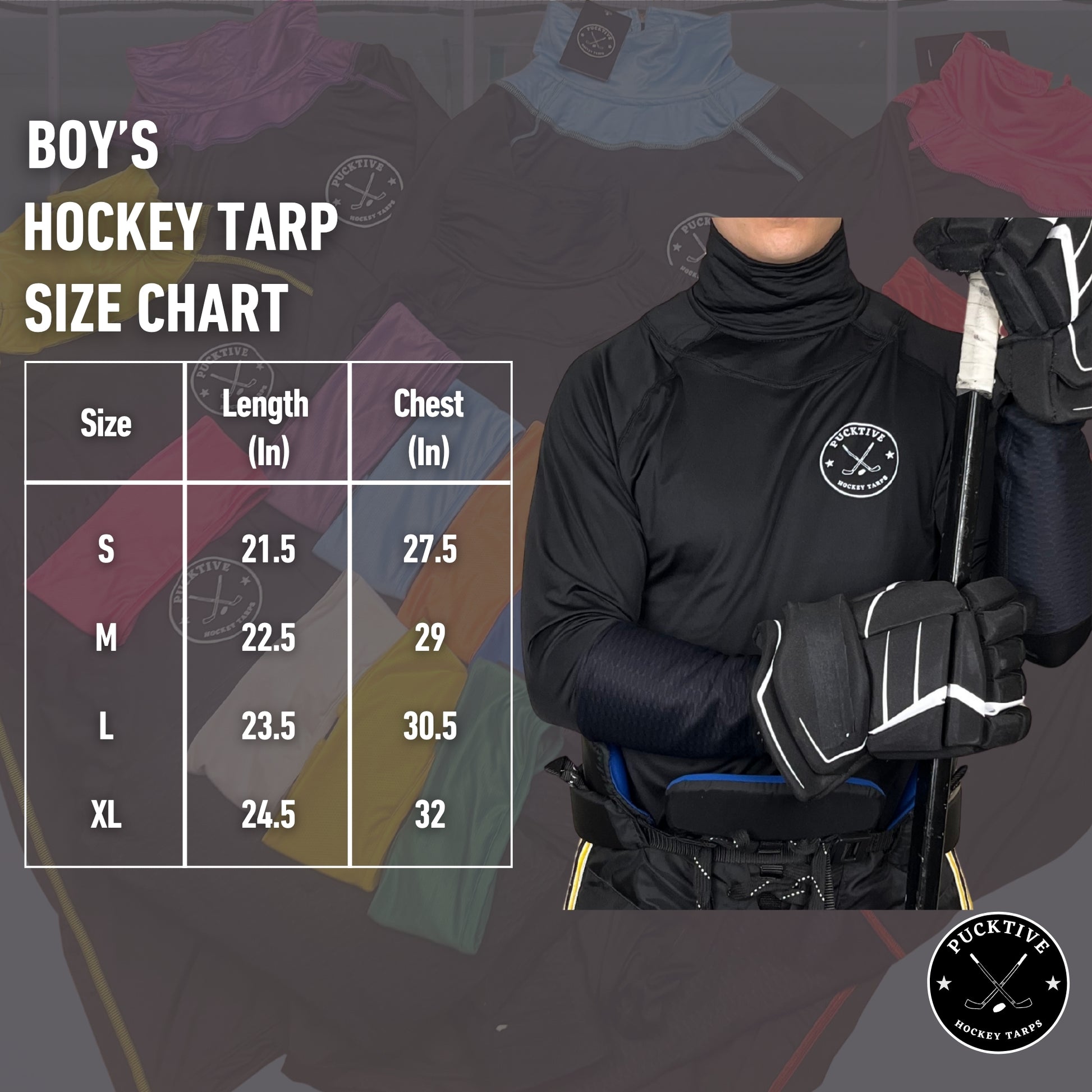 Pucktive Boy’s Elite A9 hockey tarp sizing chart showing chest, arm, and torso fit measurements.