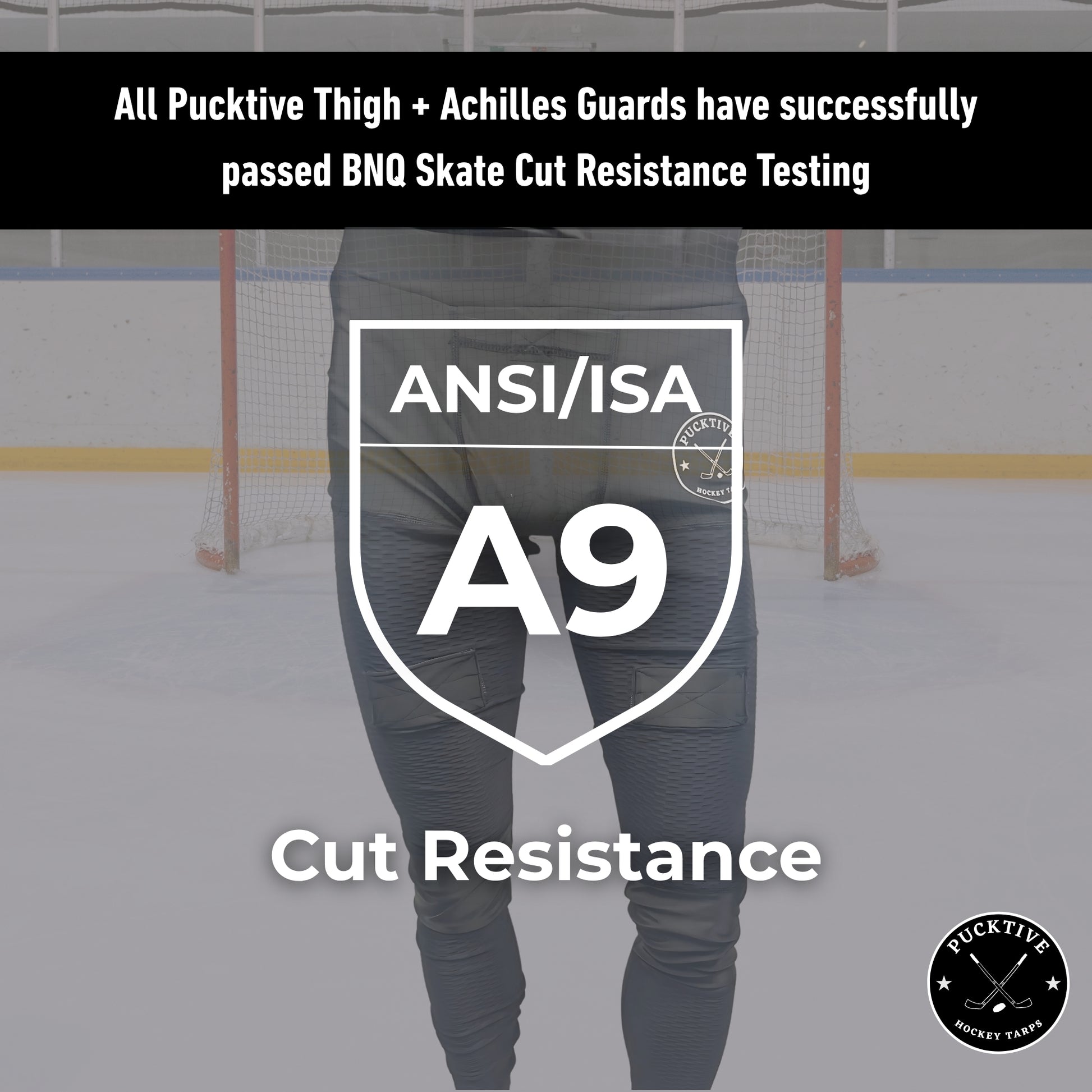 BNQ and ANSI cut-resistance testing information page for Boy’s Elite A9 hockey jock leggings.