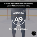 BNQ and ANSI cut-resistance testing information page for boy’s Elite A9 hockey leggings.