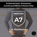 Cut protection diagram explaining ANSI A7 and BNQ-tested cut resistance in Pucktive Pro hockey tarps.