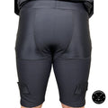 Rear view of Boy’s Pro A7 cut-resistant hockey jock shorts showing thigh and hamstring protection zones.