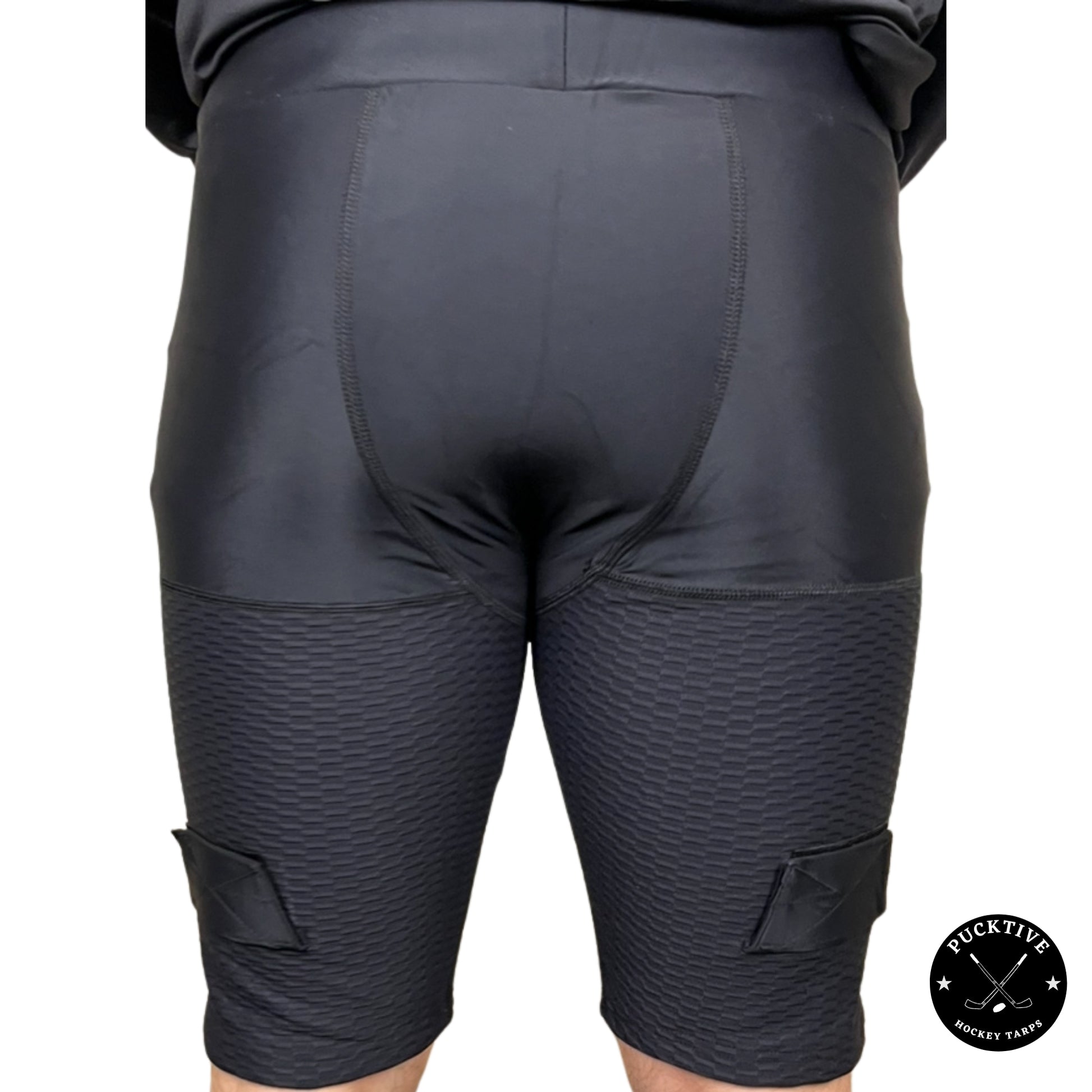 Rear view of Boy’s Pro A7 cut-resistant hockey jock shorts showing thigh and hamstring protection zones.