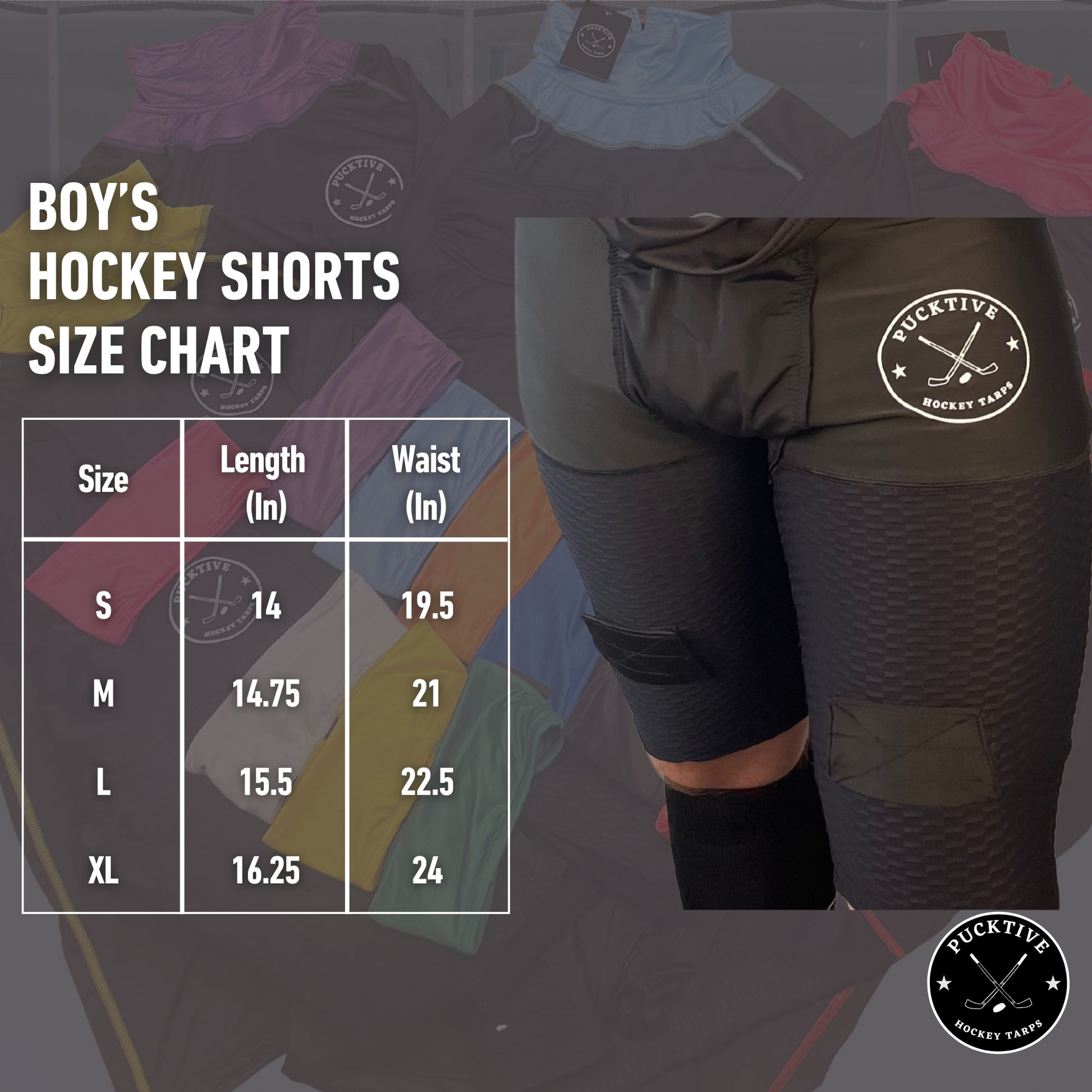 Size chart for Boy’s Pro A7 cut-resistant hockey jock shorts including waist and length measurements.