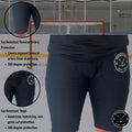 Cut-resistant zones diagram for Boy’s Pro A7 hockey shorts showing femoral artery, groin, and thigh protection coverage.