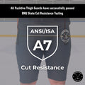 BNQ and ANSI testing overview for Boy’s Pro A7 cut-resistant hockey shorts showing verified cut-resistance ratings.