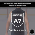 Testing and certification page for Boy's Pro A7 cut-resistant hockey tank top, showing BNQ and ANSI cut-resistance results.