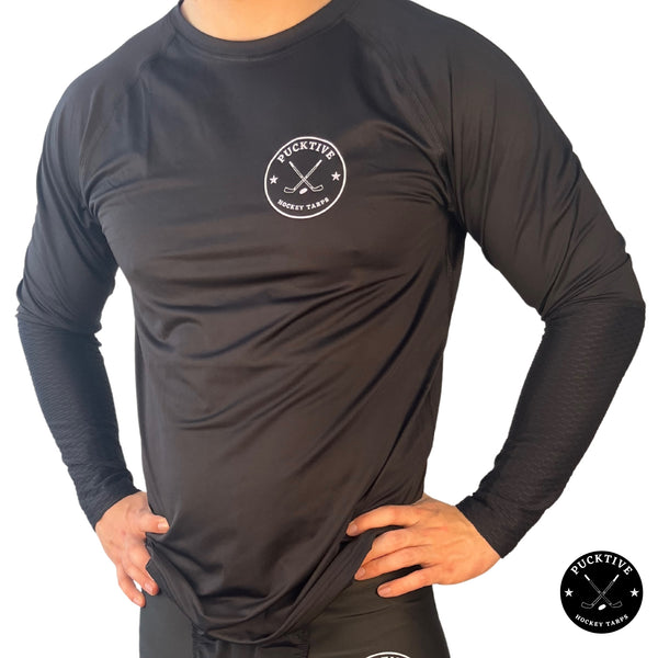 Front view of the Boy’s Pro A7 wrist-only cut-resistant long sleeve hockey shirt showing lightweight, breathable design.