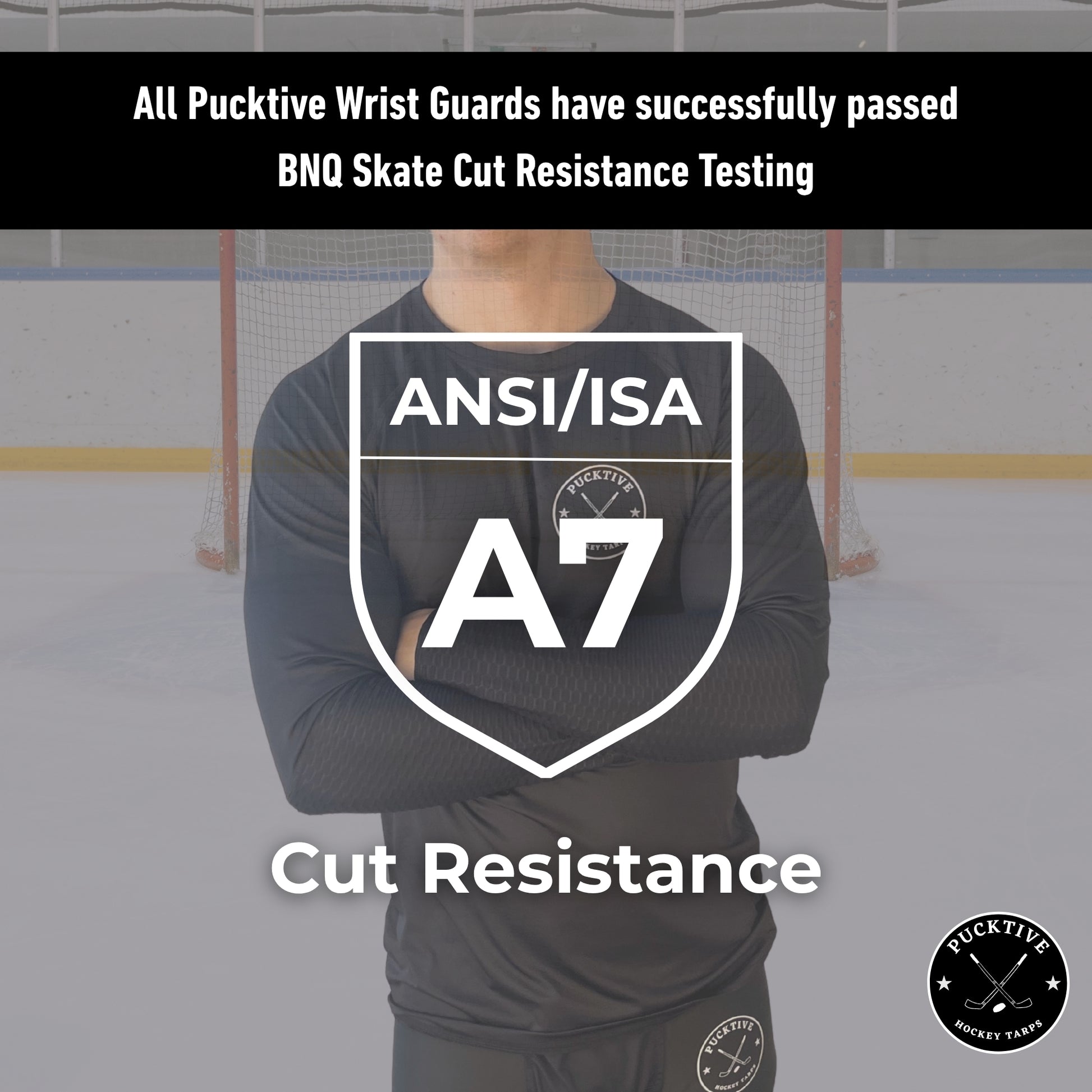 Testing overview of the Boy’s Pro A7 cut-resistant wrist hockey shirt demonstrating BNQ and ANSI performance.