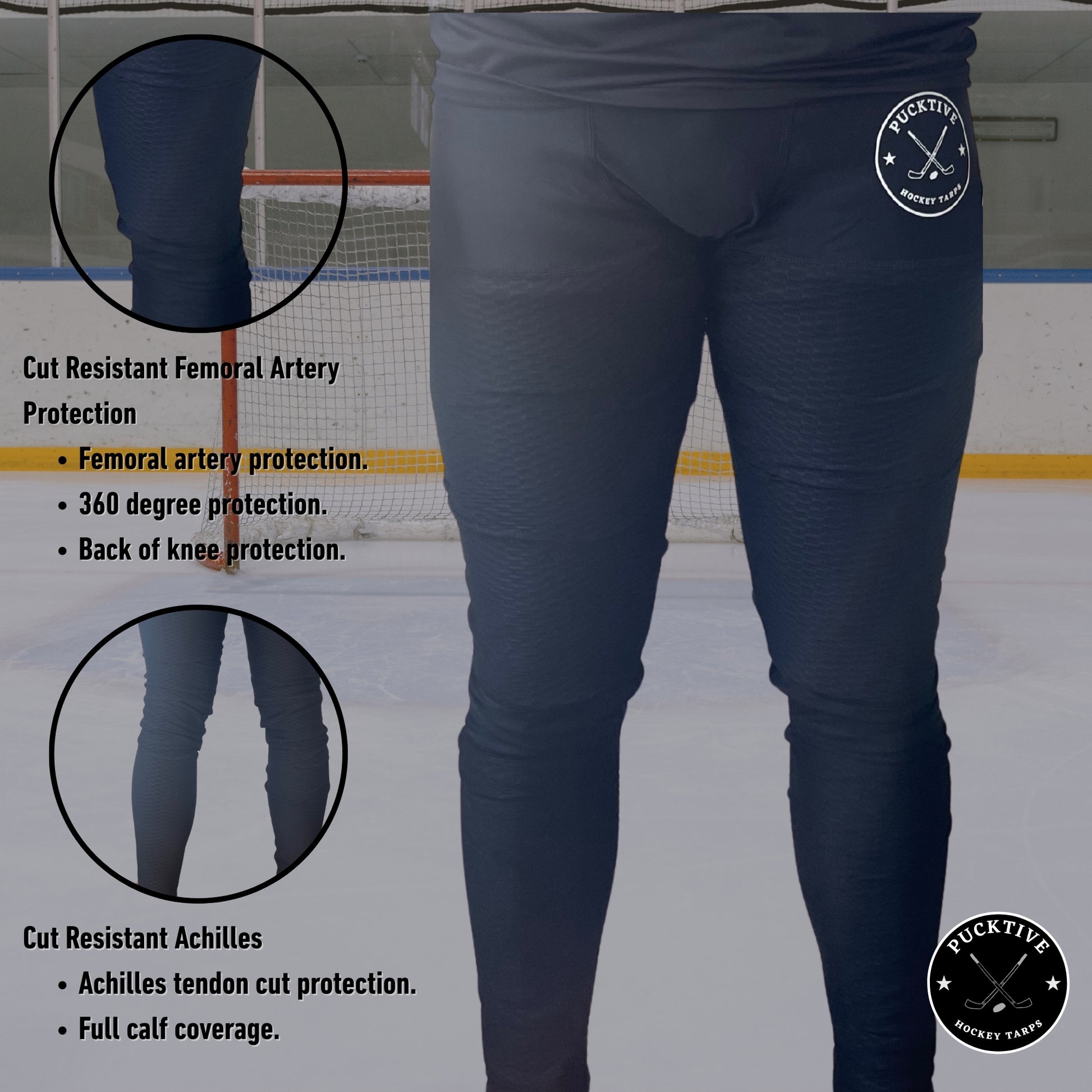 Cut-protection diagram for Boy’s Pro A7 goalie leggings showing protected zones including groin, thigh, Achilles, and calf.