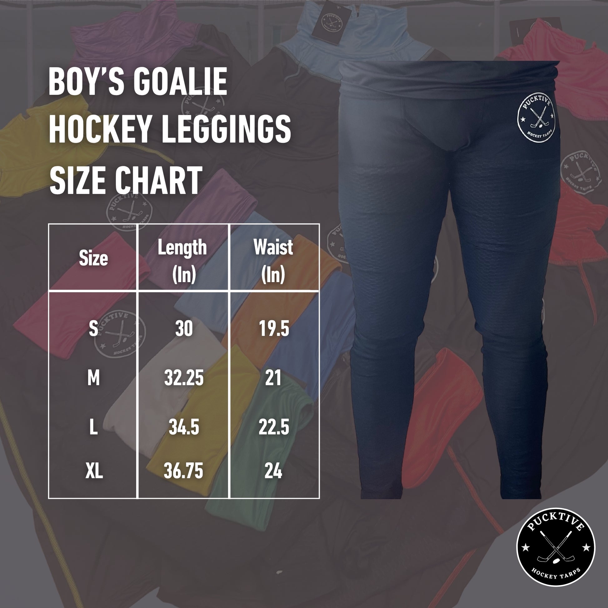 Boy’s Pro A7 cut-resistant goalie leggings size chart showing measurements for waist, hips, and inseam.