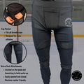 Feature breakdown of Boy’s Pro A7 hockey jock leggings highlighting 4-way stretch, moisture-wicking fabric, lightweight design, and jock cup pocket with Velcro sock tabs.