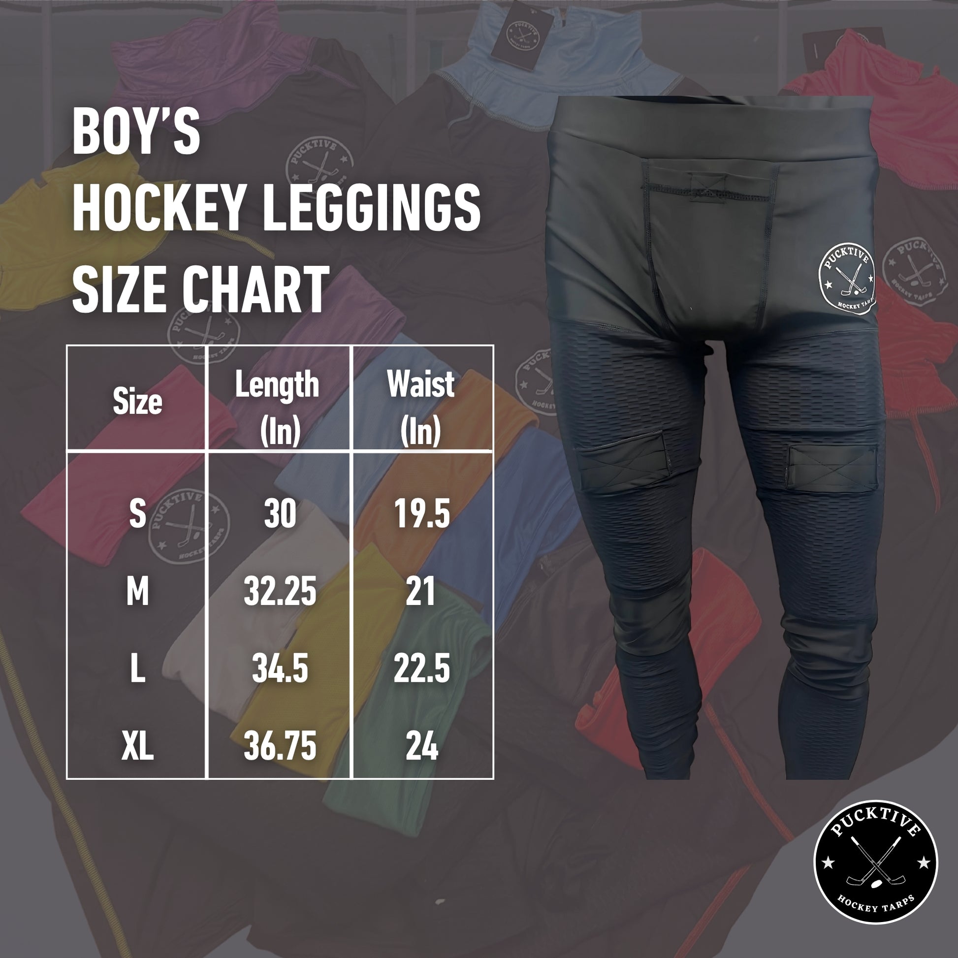 Boy's Pro A7 hockey jock leggings size chart with waist, hip, and length measurements.