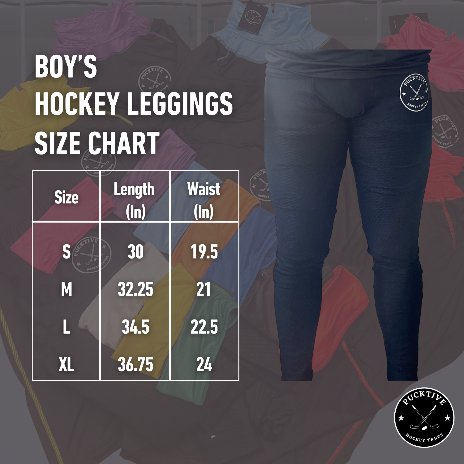 Boy’s Pro A7 hockey leggings size chart with waist, hip, and length measurements.
