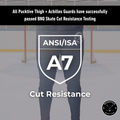 BNQ and ANSI cut-resistance testing information page for boy’s Pro A7 hockey leggings.