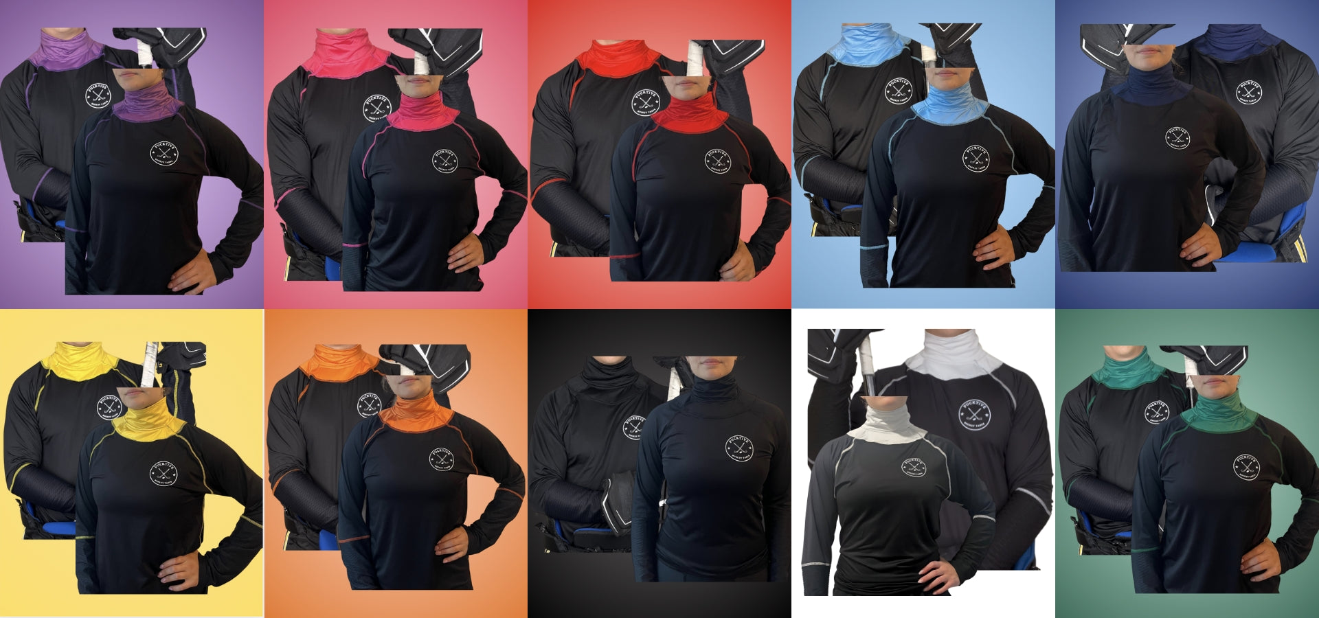 Display of multi coloured neck guard full hockey tarps in both male and female options. slider_item_dPafDQ